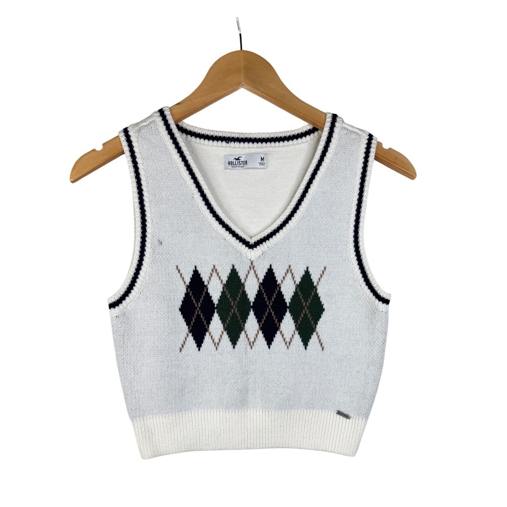 New Hollister Argyle Print Sleeveless Cropped Sweater Vest size Medium White/Bla